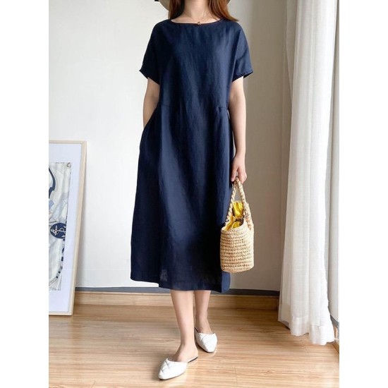 Casual Loose Solid Color Round-Neck Midi Dresses Casual Loose Solid Color Round-Neck Midi Dresses
