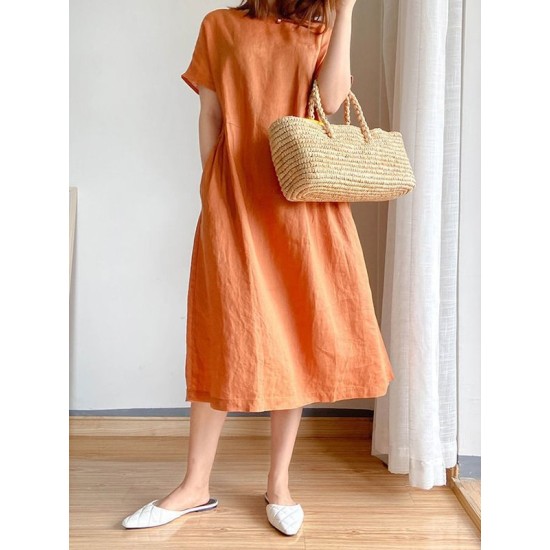 Casual Loose Solid Color Round-Neck Midi Dresses Casual Loose Solid Color Round-Neck Midi Dresses