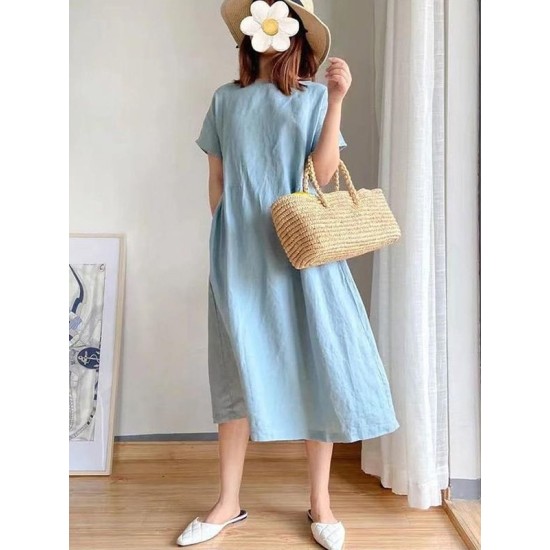 Casual Loose Solid Color Round-Neck Midi Dresses Casual Loose Solid Color Round-Neck Midi Dresses