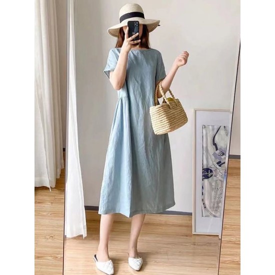 Casual Loose Solid Color Round-Neck Midi Dresses Casual Loose Solid Color Round-Neck Midi Dresses