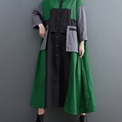 Vintage Loose Long Sleeves Contrast Color Polo Midi Dresses