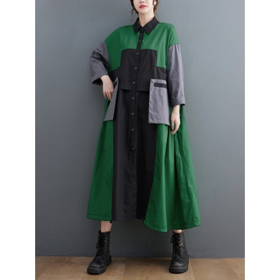 Vintage Loose Long Sleeves Contrast Color Polo Midi Dresses Vintage Loose Long Sleeves Contrast Color Polo Midi Dresses