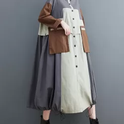 Vintage Loose Long Sleeves Contrast Color Polo Midi Dresses