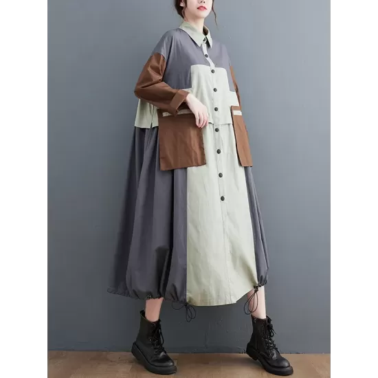 Vintage Loose Long Sleeves Contrast Color Polo Midi Dresses Vintage Loose Long Sleeves Contrast Color Polo Midi Dresses