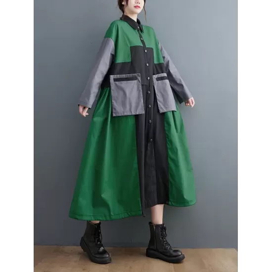 Vintage Loose Long Sleeves Contrast Color Polo Midi Dresses Vintage Loose Long Sleeves Contrast Color Polo Midi Dresses