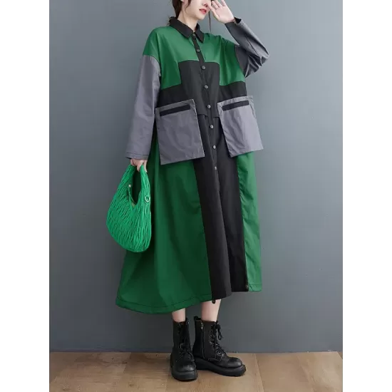 Vintage Loose Long Sleeves Contrast Color Polo Midi Dresses Vintage Loose Long Sleeves Contrast Color Polo Midi Dresses