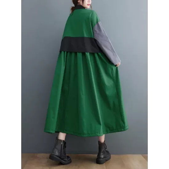 Vintage Loose Long Sleeves Contrast Color Polo Midi Dresses Vintage Loose Long Sleeves Contrast Color Polo Midi Dresses