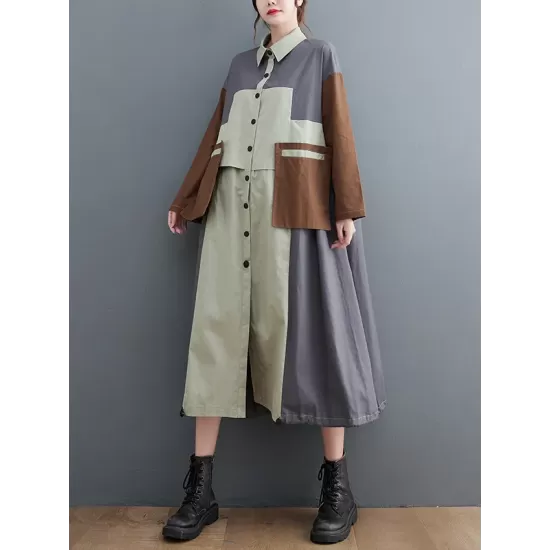 Vintage Loose Long Sleeves Contrast Color Polo Midi Dresses Vintage Loose Long Sleeves Contrast Color Polo Midi Dresses
