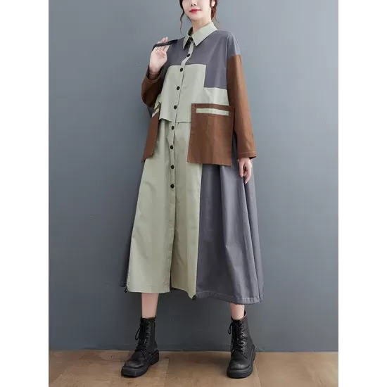 Vintage Loose Long Sleeves Contrast Color Polo Midi Dresses Vintage Loose Long Sleeves Contrast Color Polo Midi Dresses