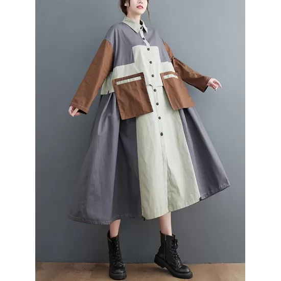 Vintage Loose Long Sleeves Contrast Color Polo Midi Dresses Vintage Loose Long Sleeves Contrast Color Polo Midi Dresses