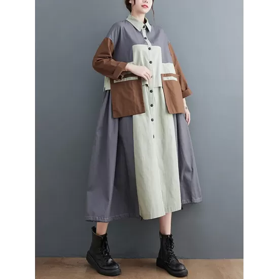 Vintage Loose Long Sleeves Contrast Color Polo Midi Dresses Vintage Loose Long Sleeves Contrast Color Polo Midi Dresses
