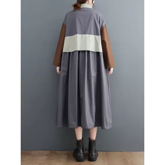 Vintage Loose Long Sleeves Contrast Color Polo Midi Dresses Vintage Loose Long Sleeves Contrast Color Polo Midi Dresses