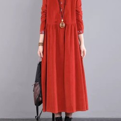 Vintage Corduroy Long Sleeves A-Line Embroidered Solid Round-Neck Midi Dresses