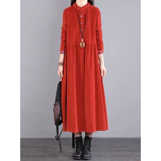 Vintage Corduroy Long Sleeves A-Line Embroidered Solid Round-Neck Midi Dresses Vintage Corduroy Long Sleeves A-Line Embroidered Solid Round-Neck Midi Dresses