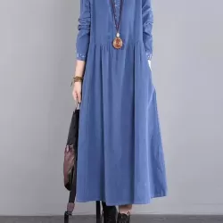Vintage Corduroy Long Sleeves A-Line Embroidered Solid Round-Neck Midi Dresses