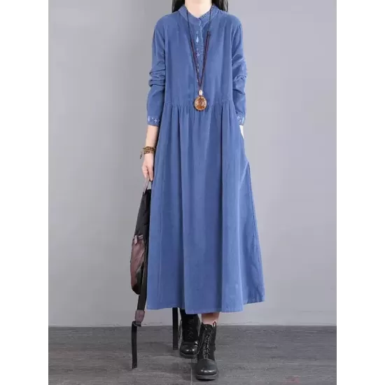 Vintage Corduroy Long Sleeves A-Line Embroidered Solid Round-Neck Midi Dresses Vintage Corduroy Long Sleeves A-Line Embroidered Solid Round-Neck Midi Dresses