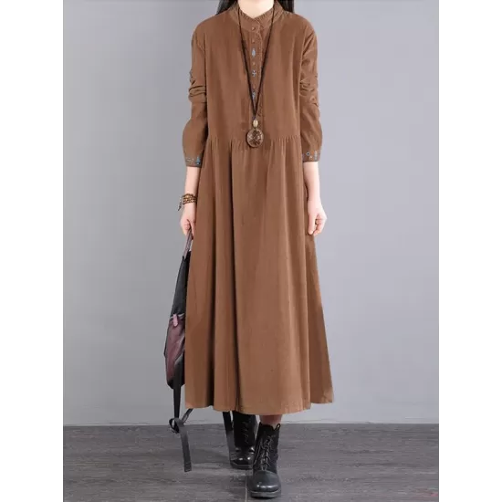 Vintage Corduroy Long Sleeves A-Line Embroidered Solid Round-Neck Midi Dresses Vintage Corduroy Long Sleeves A-Line Embroidered Solid Round-Neck Midi Dresses