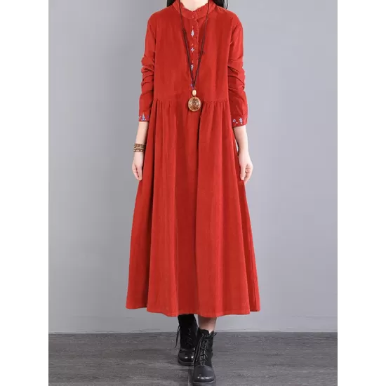 Vintage Corduroy Long Sleeves A-Line Embroidered Solid Round-Neck Midi Dresses Vintage Corduroy Long Sleeves A-Line Embroidered Solid Round-Neck Midi Dresses