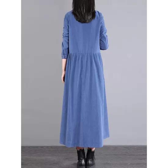 Vintage Corduroy Long Sleeves A-Line Embroidered Solid Round-Neck Midi Dresses Vintage Corduroy Long Sleeves A-Line Embroidered Solid Round-Neck Midi Dresses