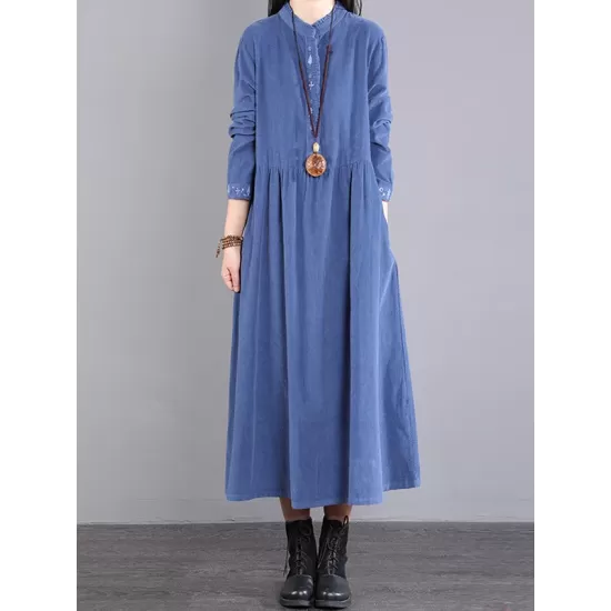 Vintage Corduroy Long Sleeves A-Line Embroidered Solid Round-Neck Midi Dresses Vintage Corduroy Long Sleeves A-Line Embroidered Solid Round-Neck Midi Dresses