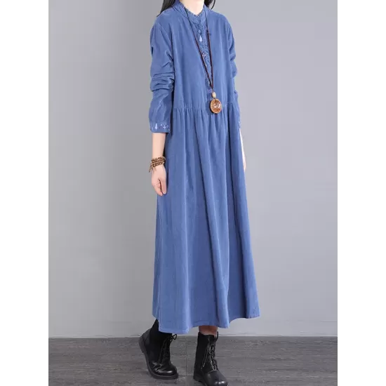 Vintage Corduroy Long Sleeves A-Line Embroidered Solid Round-Neck Midi Dresses Vintage Corduroy Long Sleeves A-Line Embroidered Solid Round-Neck Midi Dresses