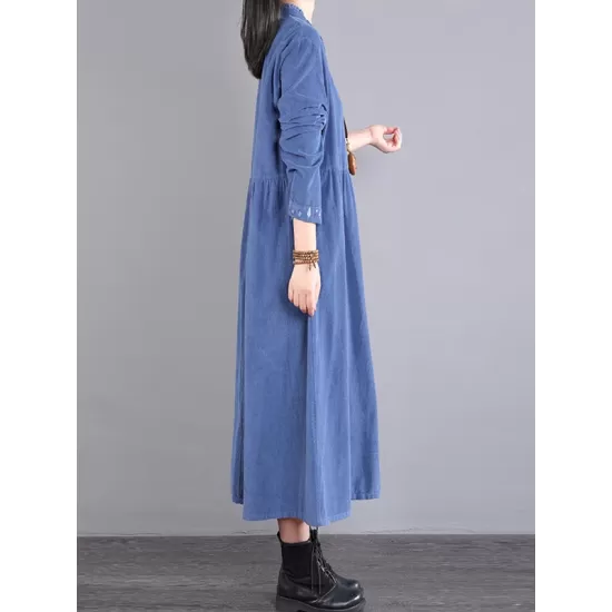 Vintage Corduroy Long Sleeves A-Line Embroidered Solid Round-Neck Midi Dresses Vintage Corduroy Long Sleeves A-Line Embroidered Solid Round-Neck Midi Dresses