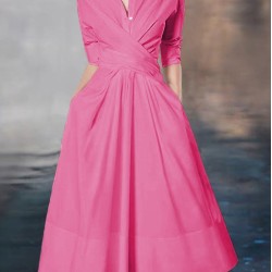Stylish A-Line Long Sleeves Pleated Solid Color Lapel Midi Dresses