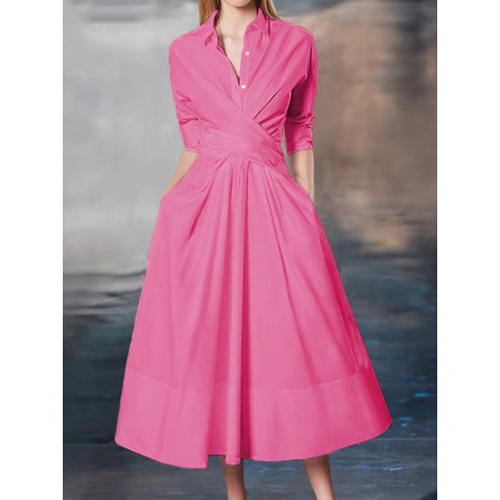 Stylish A-Line Long Sleeves Pleated Solid Color Lapel Midi Dresses Stylish A-Line Long Sleeves Pleated Solid Color Lapel Midi Dresses