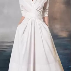 Stylish A-Line Long Sleeves Pleated Solid Color Lapel Midi Dresses