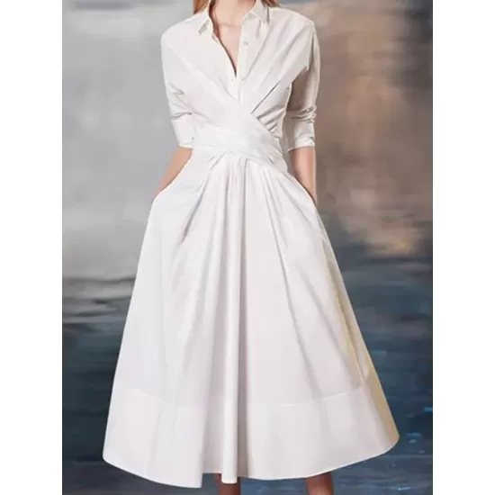 Stylish A-Line Long Sleeves Pleated Solid Color Lapel Midi Dresses Stylish A-Line Long Sleeves Pleated Solid Color Lapel Midi Dresses