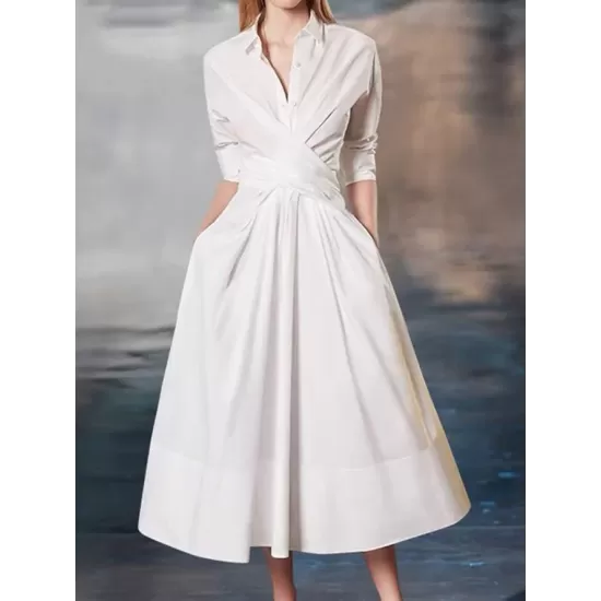 Stylish A-Line Long Sleeves Pleated Solid Color Lapel Midi Dresses Stylish A-Line Long Sleeves Pleated Solid Color Lapel Midi Dresses