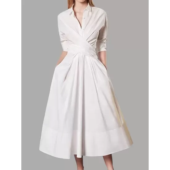 Stylish A-Line Long Sleeves Pleated Solid Color Lapel Midi Dresses Stylish A-Line Long Sleeves Pleated Solid Color Lapel Midi Dresses