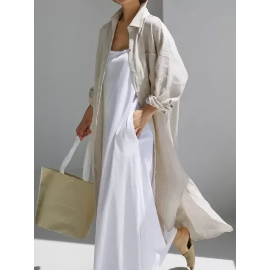 Simple Long Sleeves Split-Side Solid Color Lapel Midi Dresses Shirt Dress Simple Long Sleeves Split-Side Solid Color Lapel Midi Dresses Shirt Dress
