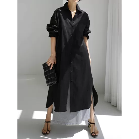 Simple Long Sleeves Split-Side Solid Color Lapel Midi Dresses Shirt Dress Simple Long Sleeves Split-Side Solid Color Lapel Midi Dresses Shirt Dress