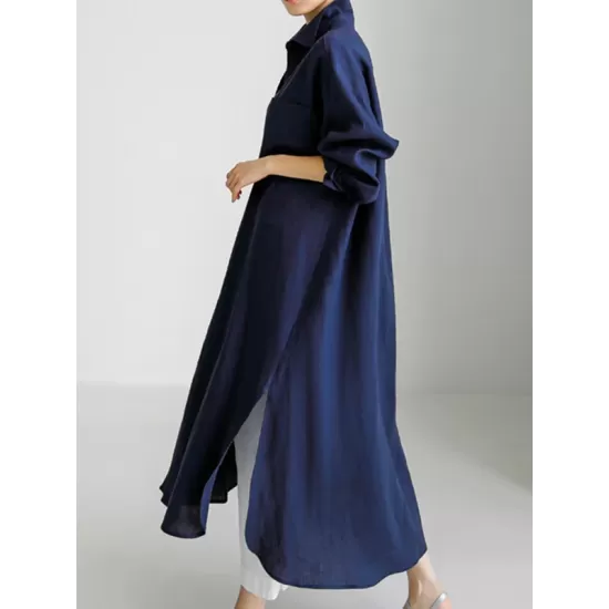 Simple Long Sleeves Split-Side Solid Color Lapel Midi Dresses Shirt Dress Simple Long Sleeves Split-Side Solid Color Lapel Midi Dresses Shirt Dress