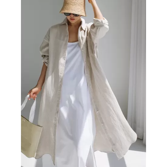Simple Long Sleeves Split-Side Solid Color Lapel Midi Dresses Shirt Dress Simple Long Sleeves Split-Side Solid Color Lapel Midi Dresses Shirt Dress