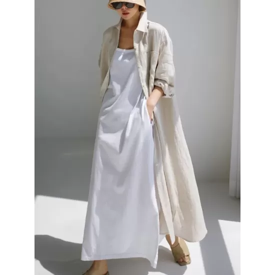Simple Long Sleeves Split-Side Solid Color Lapel Midi Dresses Shirt Dress Simple Long Sleeves Split-Side Solid Color Lapel Midi Dresses Shirt Dress
