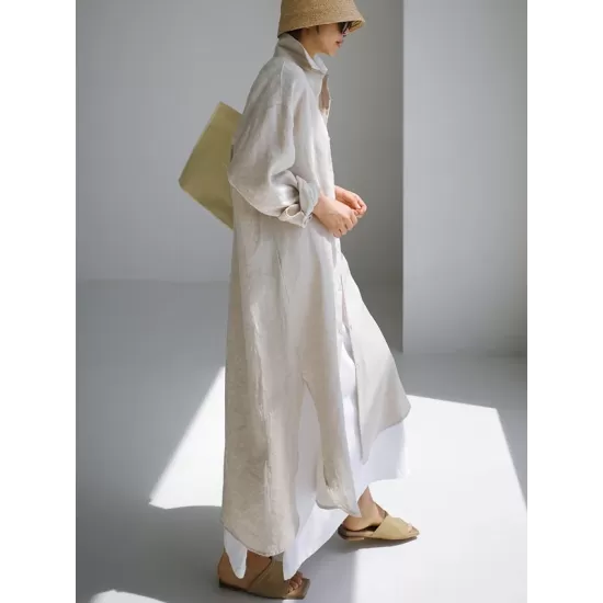 Simple Long Sleeves Split-Side Solid Color Lapel Midi Dresses Shirt Dress Simple Long Sleeves Split-Side Solid Color Lapel Midi Dresses Shirt Dress