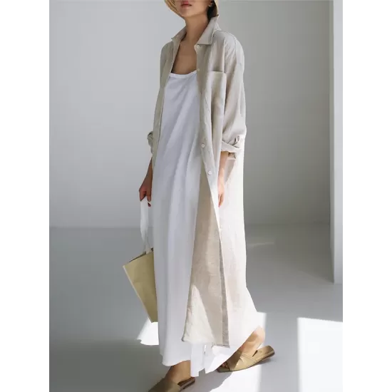 Simple Long Sleeves Split-Side Solid Color Lapel Midi Dresses Shirt Dress Simple Long Sleeves Split-Side Solid Color Lapel Midi Dresses Shirt Dress