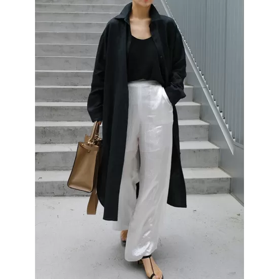 Simple Long Sleeves Split-Side Solid Color Lapel Midi Dresses Shirt Dress Simple Long Sleeves Split-Side Solid Color Lapel Midi Dresses Shirt Dress