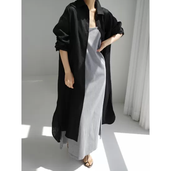 Simple Long Sleeves Split-Side Solid Color Lapel Midi Dresses Shirt Dress Simple Long Sleeves Split-Side Solid Color Lapel Midi Dresses Shirt Dress