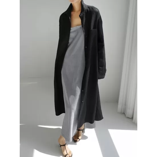 Simple Long Sleeves Split-Side Solid Color Lapel Midi Dresses Shirt Dress Simple Long Sleeves Split-Side Solid Color Lapel Midi Dresses Shirt Dress