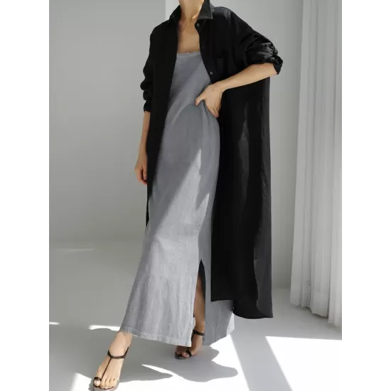 Simple Long Sleeves Split-Side Solid Color Lapel Midi Dresses Shirt Dress Simple Long Sleeves Split-Side Solid Color Lapel Midi Dresses Shirt Dress