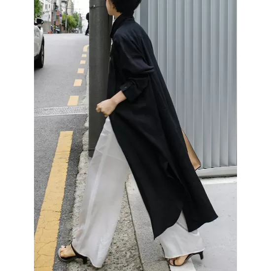 Simple Long Sleeves Split-Side Solid Color Lapel Midi Dresses Shirt Dress Simple Long Sleeves Split-Side Solid Color Lapel Midi Dresses Shirt Dress