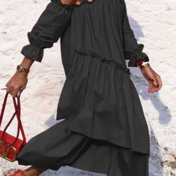 Loose Irregularity Falbala Solid Color Off-The-Shoulder Midi Dresses
