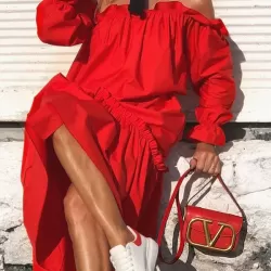 Loose Irregularity Falbala Solid Color Off-The-Shoulder Midi Dresses