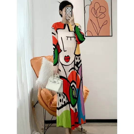 Original Loose Long Sleeves Cartoon Face Printed Contrast Color Pleated Round-Neck Midi Dresses Original Loose Long Sleeves Cartoon Face Printed Contrast Color Pleated Round-Neck Midi Dresses