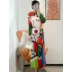 Original Loose Long Sleeves Cartoon Face Printed Contrast Color Pleated Round-Neck Midi Dresses Original Loose Long Sleeves Cartoon Face Printed Contrast Color Pleated Round-Neck Midi Dresses