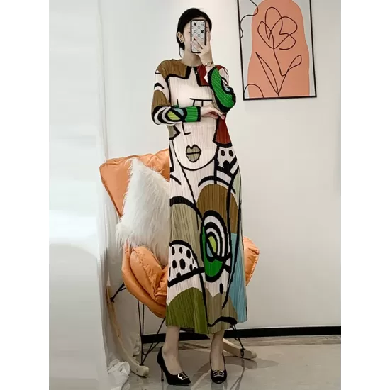 Original Loose Long Sleeves Cartoon Face Printed Contrast Color Pleated Round-Neck Midi Dresses Original Loose Long Sleeves Cartoon Face Printed Contrast Color Pleated Round-Neck Midi Dresses