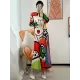Original Loose Long Sleeves Cartoon Face Printed Contrast Color Pleated Round-Neck Midi Dresses Original Loose Long Sleeves Cartoon Face Printed Contrast Color Pleated Round-Neck Midi Dresses